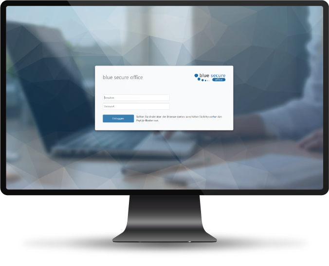 Ein Monitor, auf dem der Demozugang von blue secure office zu sehen ist